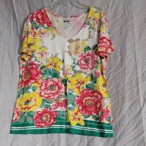 Basic Editions V-Neck Floral Tee - Pink, Yellow, Green